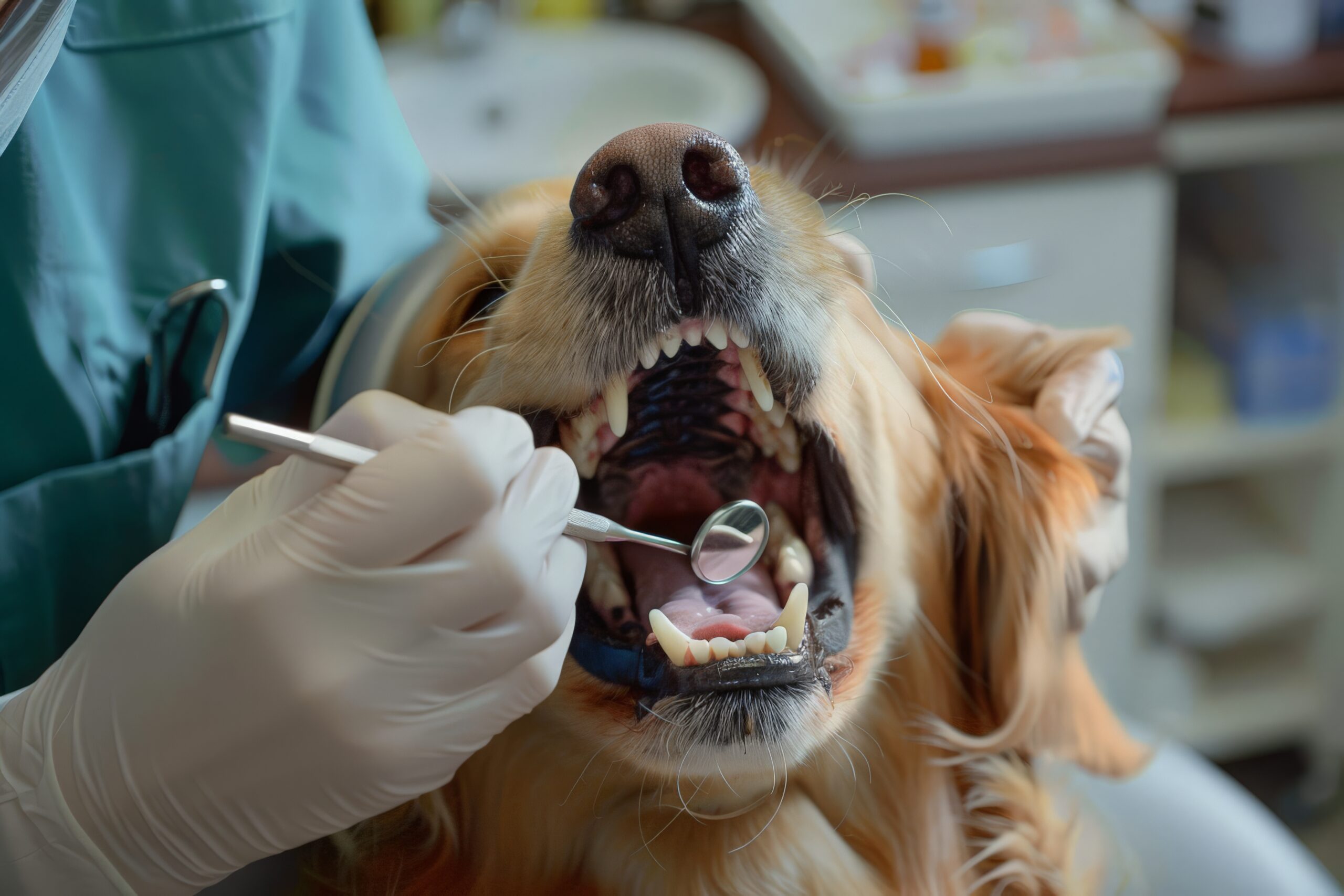 Dog at the dentist’s appointment. The dentist checks the dog’s teeth health in the veterinary office. Pet insurance and care, pet health, oral and dental care for dogs